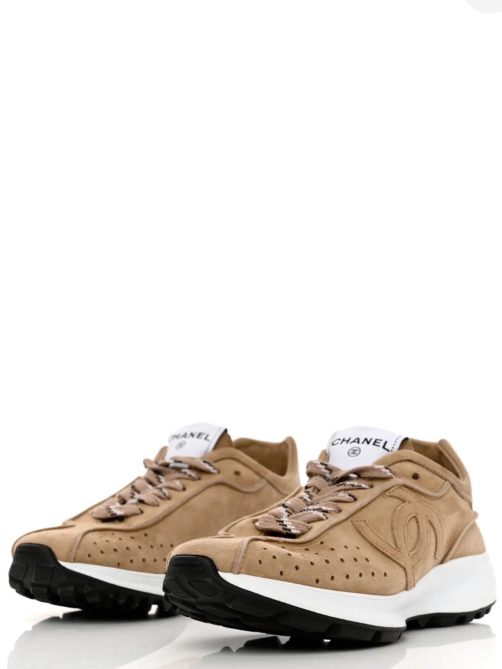 CHANEL Womens Beige Suede Lace-Up Sneakers